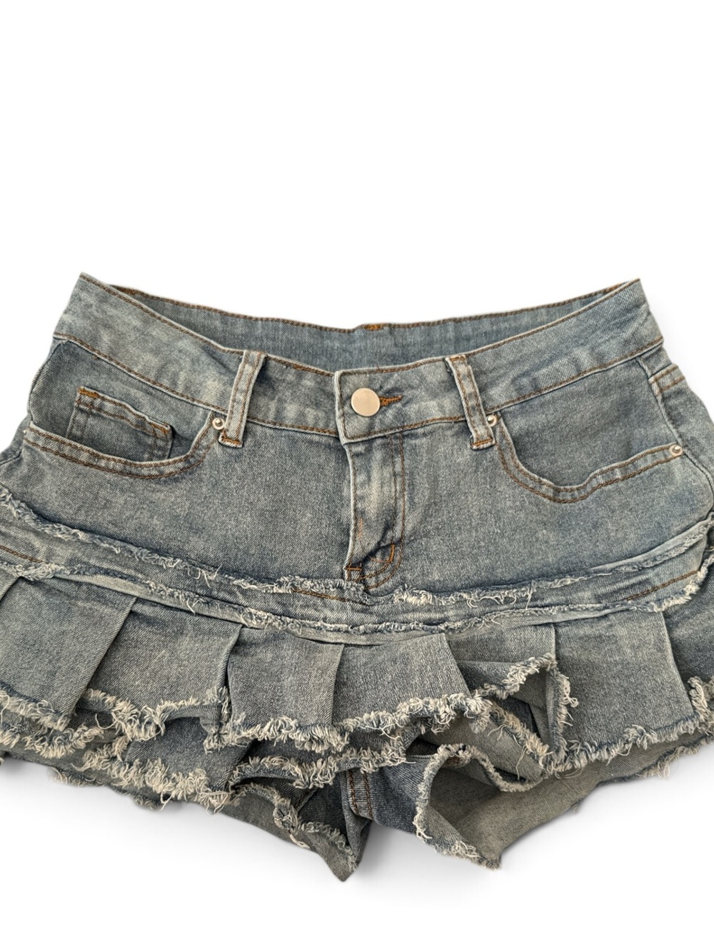 Light Blue Ruffled Denim Mini Shorts - Picture 3 of 5